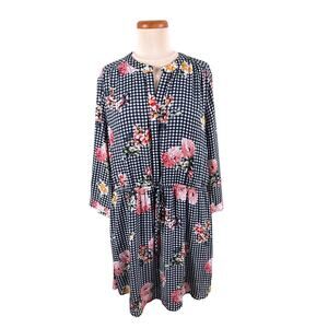 Cottage Core Dress Signature Studio Women Size XL Check Floral Drawstring Waist